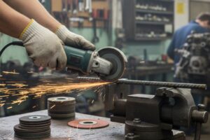 Rebarbadora e consumíveis sobre uma bancada de oficina, ilustrando análise de custos e retorno do investimento.