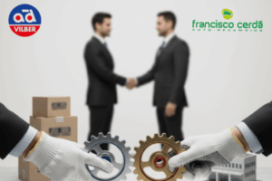 Directivos de AD Vilber y Auto Recambios Francisco Cerdá durante la firma de la adquisición en Valencia.