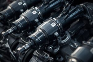 Técnico a reparar um injetor numa bancada profissional, utilizando equipamento de diagnóstico e ferramentas especializadas.