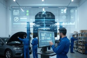 Técnico de oficina a utilizar software de manutenção preventiva num computador, gerindo peças e serviços de forma eficiente.