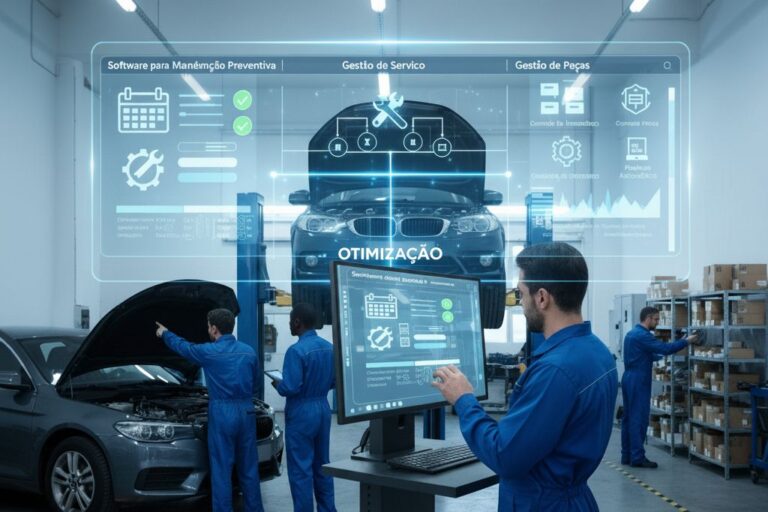 Técnico de oficina a utilizar software de manutenção preventiva num computador, gerindo peças e serviços de forma eficiente.