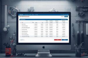 Técnico a utilizar software de oficina num computador para orçamentar uma grande reparação de motor.