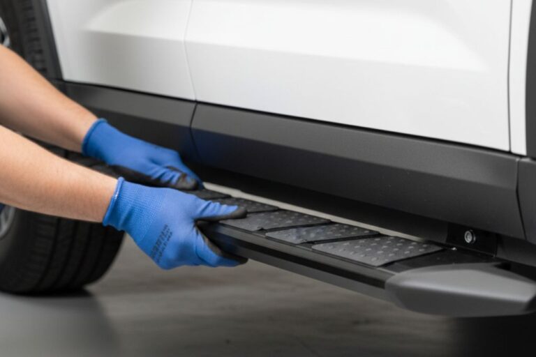 Vendre et installer des marchepieds : Une opportunité pour les ateliers 3 Technicien installant un marchepied sur un véhicule dans un atelier professionnel.