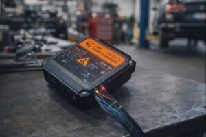 Técnico a inspecionar uma centralina (ECU) de veículo numa bancada de oficina, com ferramentas e equipamento de diagnóstico.