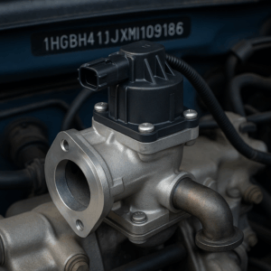 Mecánico consultando un catálogo digital para identificar válvulas EGR mediante el número VIN del vehículo.