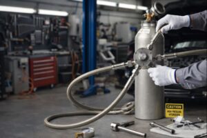 Técnico del taller utilizando equipo de protección mientras manipula un sistema de hidrógeno a alta presión.