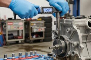 Técnico a utilizar uma chave dinamométrica para apertar componentes de motor numa bancada de oficina, garantindo torque correto.