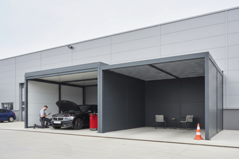 Options de toits et pergolas pour agrandir l’atelier et couvrir les aires de service