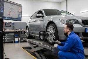 Técnico a realizar alinhamento de direção num veículo numa oficina, com equipamento de medição e ferramentas visíveis.