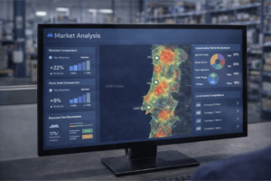 Computador a mostrar gráficos e relatórios de análise de concorrência digital no mercado português de peças automóveis.