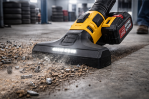 Empleado de taller usando una aspiradora sin cable de alto rendimiento para mantener limpio el área de trabajo.