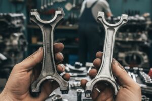 Bielas forjadas e fundidas dispostas lado a lado numa bancada de oficina, comparando materiais e qualidade para motores de alta performance.