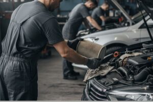 Técnico a substituir filtros num veículo numa oficina, com material promocional visível ao fundo para campanhas de marketing.