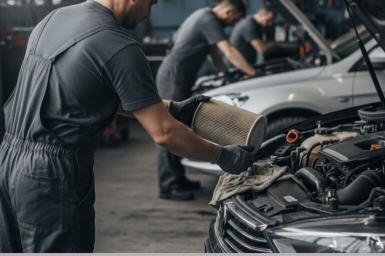 Campanhas de Substituição de Filtros: Estratégia de Marketing para Oficinas 13 Técnico a substituir filtros num veículo numa oficina, com material promocional visível ao fundo para campanhas de marketing.