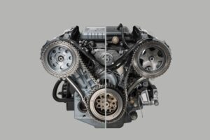 Comparaison entre une chaîne et une courroie de distribution sur un moteur automobile.