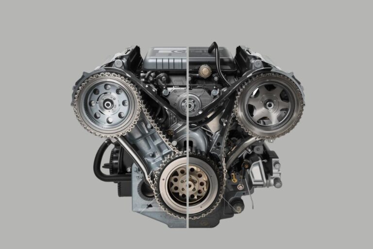 Chaîne vs. Courroie de distribution : Guide technique pour professionnels 20 Comparaison entre une chaîne et une courroie de distribution sur un moteur automobile.