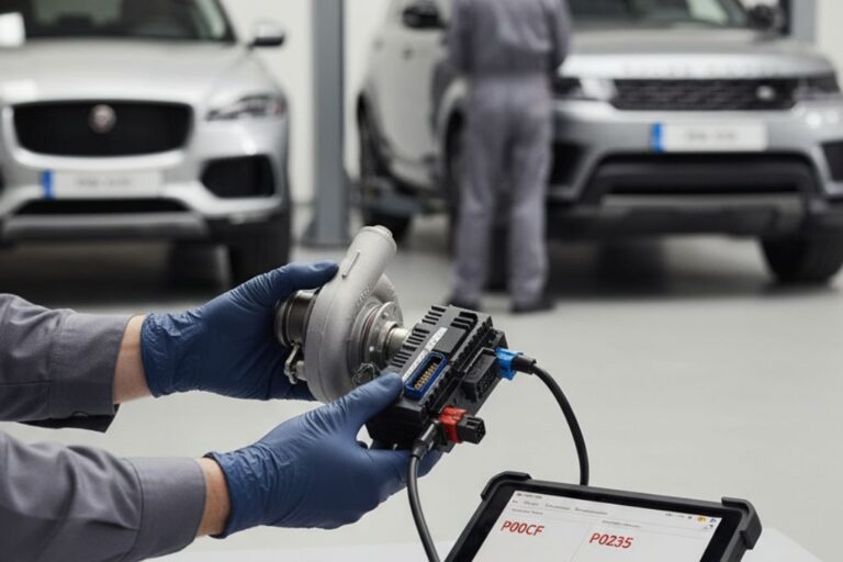 Codes P00CF et P0235 : Diagnostic sur Jaguar et Land Rover 15 Technicien réalisant le diagnostic des codes d’erreur P00CF et P0235 sur un véhicule Jaguar ou Land Rover.