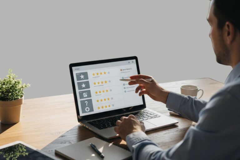 Comment utiliser les avis clients pour attirer de nouvelles affaires 1 Responsable d’atelier consultant des avis clients sur un ordinateur pour améliorer son service.