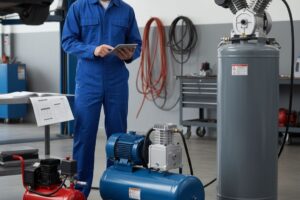 Compressor de ar profissional numa oficina, com mangueiras e ferramentas conectadas, pronto para utilização.