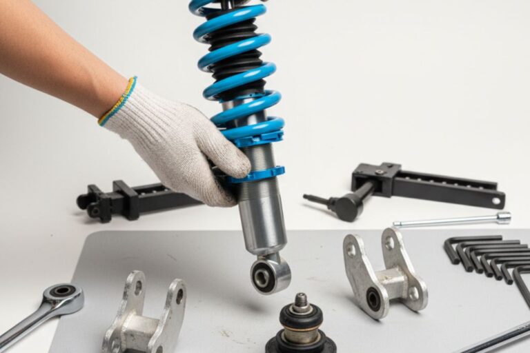 Compatibilidad de Amortiguadores en Suspensiones Modificadas 1 Mecánico comprobando la compatibilidad de amortiguadores en un vehículo con suspensión modificada.