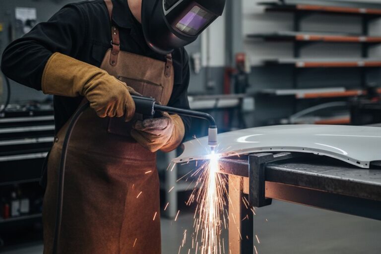 Cortador de Plasma na Oficina: Aplicações em Reparação de Carroçarias 7 Técnico a utilizar um cortador de plasma numa chapa de carroçaria, com equipamento de proteção e ferramentas numa bancada de oficina.