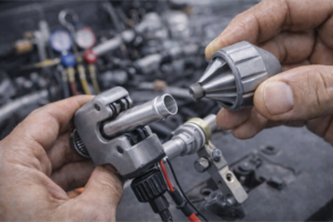 Técnico a usar um cortador de tubos de cobre numa oficina para sistemas de ar condicionado automóvel, com ferramentas de desbaste e medição.