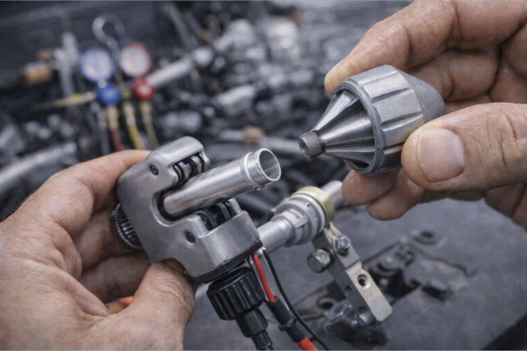 Técnico a usar um cortador de tubos de cobre numa oficina para sistemas de ar condicionado automóvel, com ferramentas de desbaste e medição.