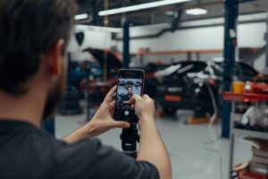 Profesional del taller grabando un vídeo corto para promocionar servicios y atraer clientes.