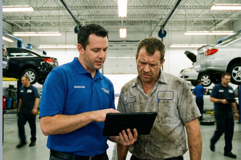 Mecánico profesional utilizando una tablet digital en el taller con gráficos de rendimiento superpuestos, representando la gestión digital (DMS) y el impacto económico.