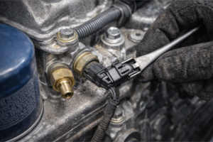 Técnico del taller comparando lecturas del sensor de temperatura y de presión de aceite en un motor.