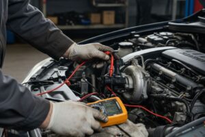 Technicien effectuant un diagnostic avancé sur le capteur de pression MAP d’un turbocompresseur.