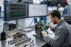 Technicien effectuant le diagnostic et la réparation d’un bloc ABS dans un atelier spécialisé.