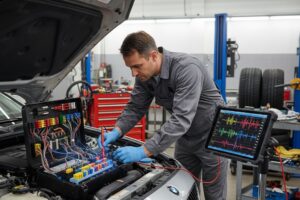 Técnico revisando la caja de distribución eléctrica de un vehículo para detectar fallos avanzados.