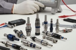 Técnico a realizar diagnóstico avançado de injetores diesel Common Rail numa bancada de oficina, utilizando equipamento especializado.