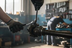 Mecánico evaluando vibraciones en la transmisión de un vehículo, enfocándose en la junta cardán.