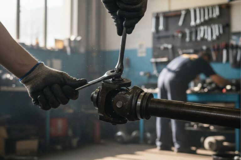 Diagnóstico de Vibraciones en la Transmisión: El Rol de la Junta Cardan 2 Mecánico evaluando vibraciones en la transmisión de un vehículo, enfocándose en la junta cardán.
