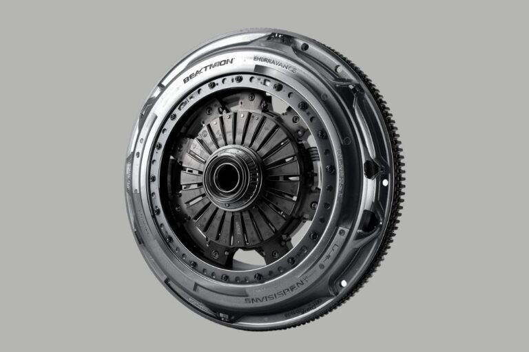 Técnico a inspecionar o sistema de embraiagem de um veículo, com foco no pedal e componentes da caixa de velocidades, numa bancada de oficina.