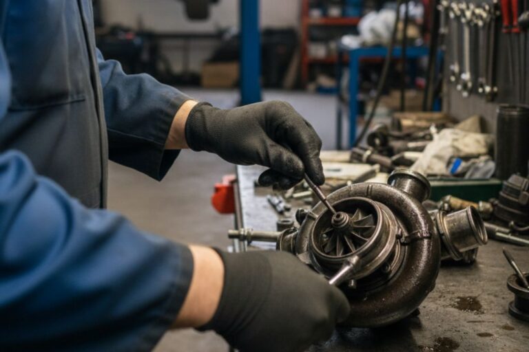 Técnico a inspecionar um turbo de geometria variável (TGV) numa bancada de oficina, com ferramentas e equipamento de diagnóstico especializados.