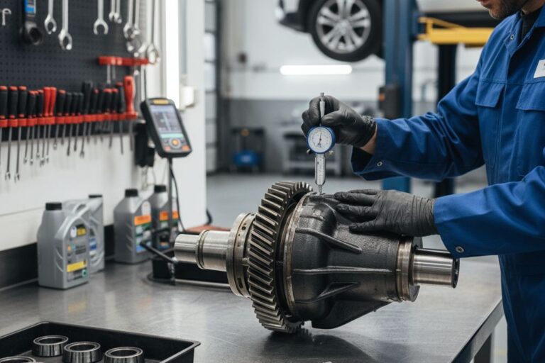 Diagnóstico e Reparação de Diferenciais: Guia para Oficinas 6 Técnico a inspecionar e reparar um diferencial de veículo numa bancada de oficina, com ferramentas e peças de substituição.