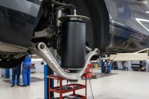 Mecánico revisando y reparando balonas de un sistema de suspensión neumática en un vehículo.