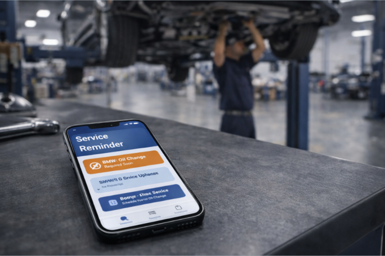 Computador a mostrar gráficos de funil digital e retenção de clientes, com dados de oficinas visíveis na tela.
