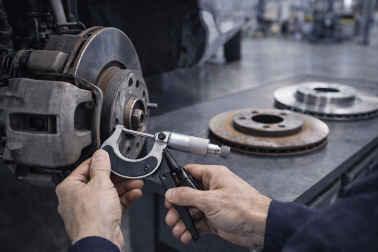 Técnico a medir a espessura de discos de travão numa oficina, com ferramentas de medição e equipamento de segurança visíveis.