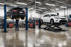 Taller mostrando dos tipos de elevadores de coches: de tijera y de 2 postes, comparando su uso y rentabilidad.