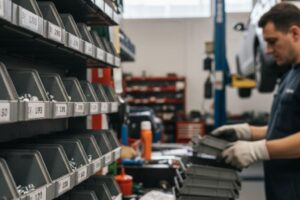 Técnico organizando tornillería estandarizada en cajas o estantes del taller para facilitar su gestión.
