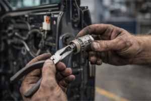 Técnico del taller revisando un bombín de vehículo y consultando recambios y precios en RecambioFácil.