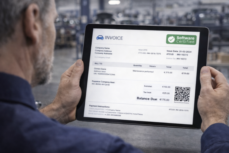 Faturação Eletrónica no Pós-Venda: Requisitos Legais e Software de Gestão para Oficinas 20 Computador numa oficina mostrando software de faturação eletrónica, com documentos e ferramentas visíveis ao lado.