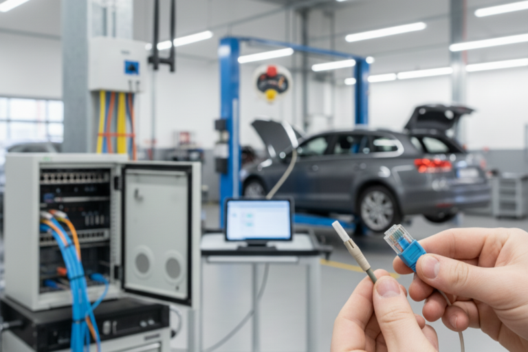 Comparaison entre fibre optique et câblage UTP pour la connectivité numérique d’un atelier automobile moderne.