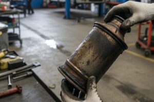 Filtro de partículas de veículo numa bancada de oficina, com ferramentas e equipamento para regeneração, limpeza e substituição.