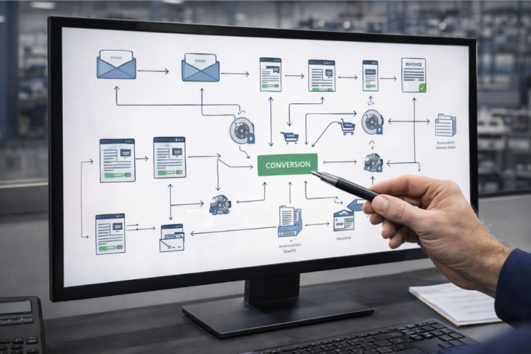 Tela de computador mostrando mapas de funil de vendas digitais para peças automóveis, usando Funnelytics no RecambioFácil.