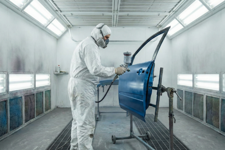 Primer plano de una pistola de pintura profesional en un taller de carrocería, con fondo desenfocado de un coche en reparación, simbolizando el sector de chapa y pintura.